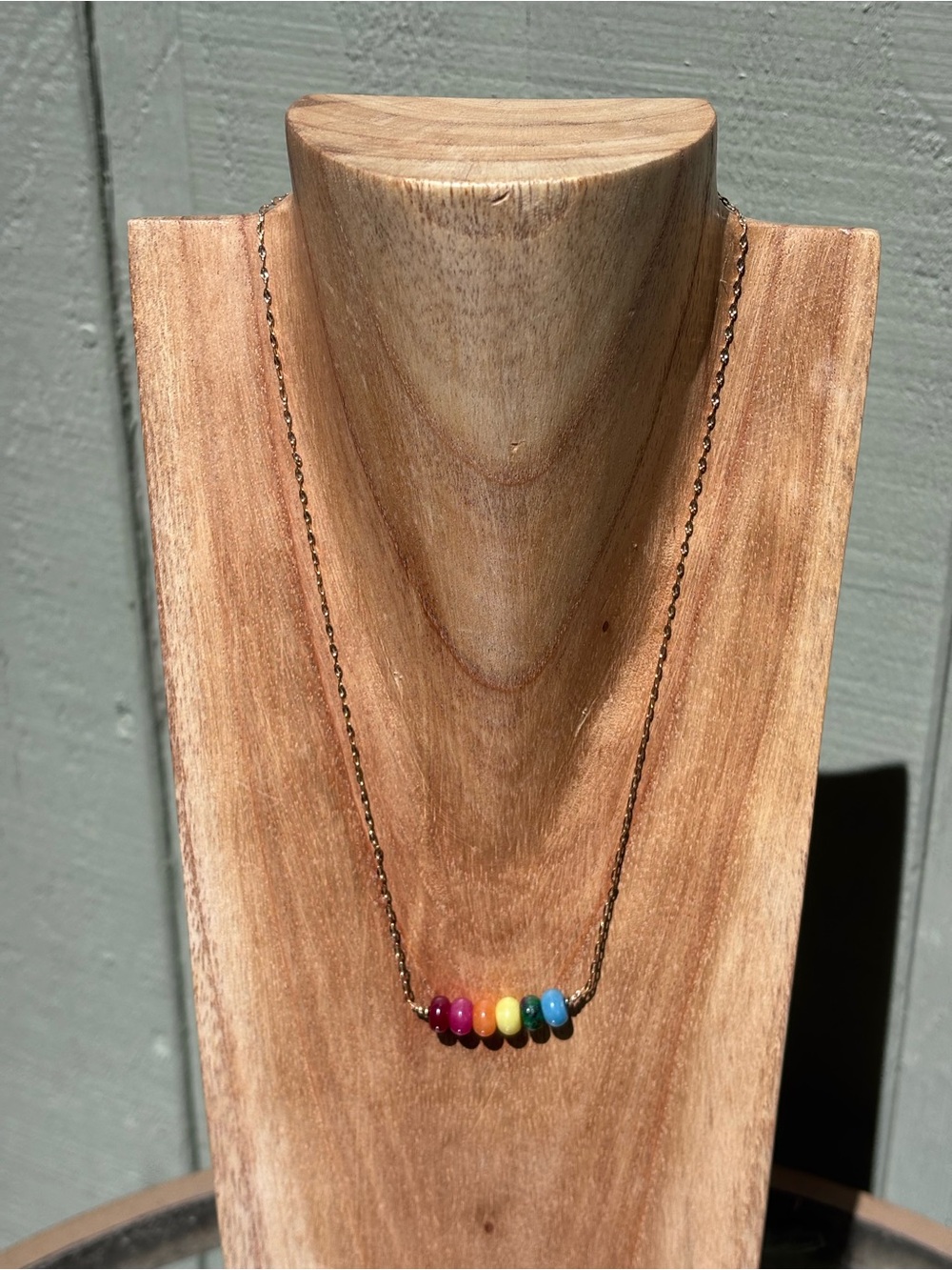 Handmade Rainbow Stone on Gold Tone Chain Necklace